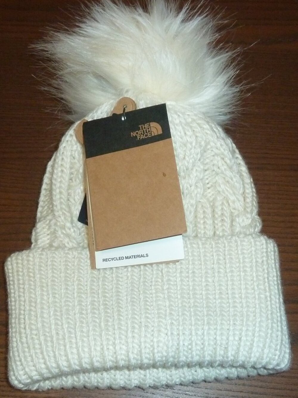 The North Face Women's Beanie Hat Ivory Open Knit Pom Pom Winter Ski Snow Fun
